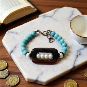 Classy! Chic! Upscale Bougie Boho! Beaded Mixed Stone + Faux Pearl Bracelet 7-8"